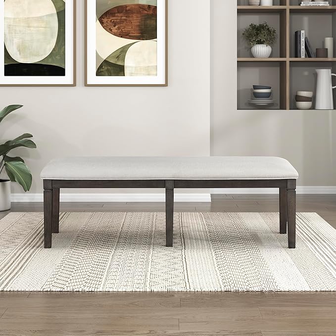 Lexicon Dining Bench with Padded Seat and Wooden Frame, 58" W Entryway Bench, Beige Textured Fabric Upholstered Dining Seat for Kitchen/Living Room, Easy Assembly, Dark Espresso