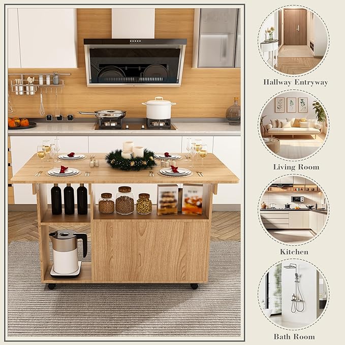 47" Foldable Dining Table for Small Space, Farmhouse Folding Kitchen Table with Storage Shelves and Wheels, Versatile Drop Leaf Table Extendable for Living Room, Dorm, Office, RV (Ancient Oak)