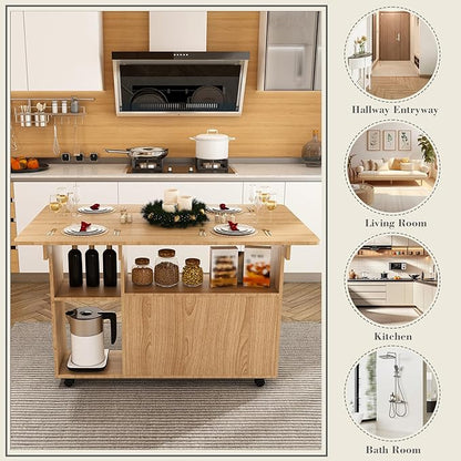 47" Foldable Dining Table for Small Space, Farmhouse Folding Kitchen Table with Storage Shelves and Wheels, Versatile Drop Leaf Table Extendable for Living Room, Dorm, Office, RV (Ancient Oak)