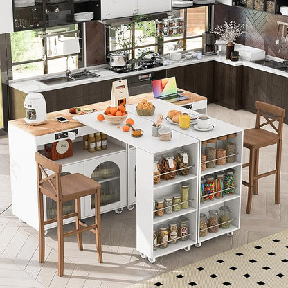 Modern Dining Table with Kitchen Island on Wheels Expandable Wood Table with Counter Console Living Room Luxury Decor,White-MDF