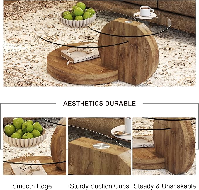 Glass Coffee Table, Modern Round Glass Coffee Table with Wooden Base, 3 Tier Round Coffee Table, Clear Cocktail Table with Storage for Living Room, Office, Balcony (42″ Wood)