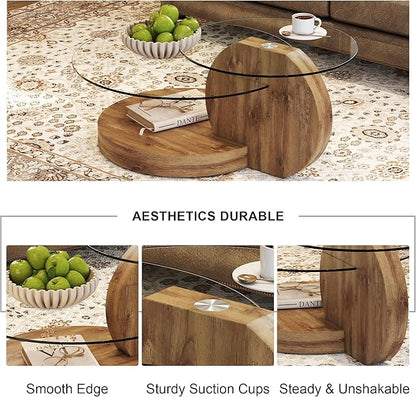 Glass Coffee Table, Modern Round Glass Coffee Table with Wooden Base, 3 Tier Round Coffee Table, Clear Cocktail Table with Storage for Living Room, Office, Balcony (42″ Wood)