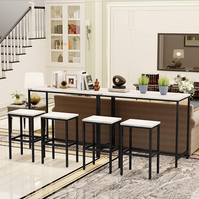 Aklaus Bar Table Set,44" White Faux Marble Top Bar Table and Chairs Set,Counter Height Bartable with 2 Bar Stools,3 Piece Kitchen Breakfast Table for Living Room Dining Room Apartment