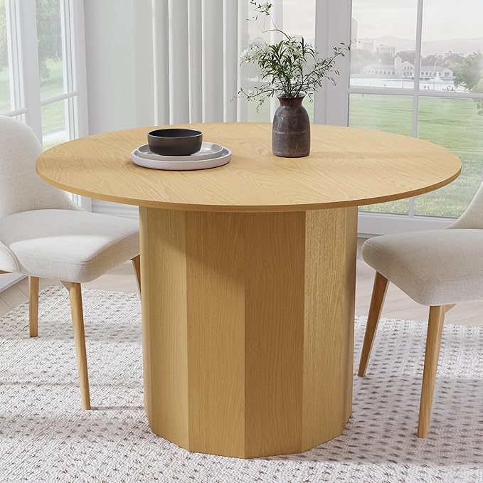 Casaphoria 46" Round Dining Table, Modern Wood Kitchen Table with Cylinder Polygonal Base for Living Room & Dining Room, Easy Assembly Farmhouse Furniture for 4-6, Oak