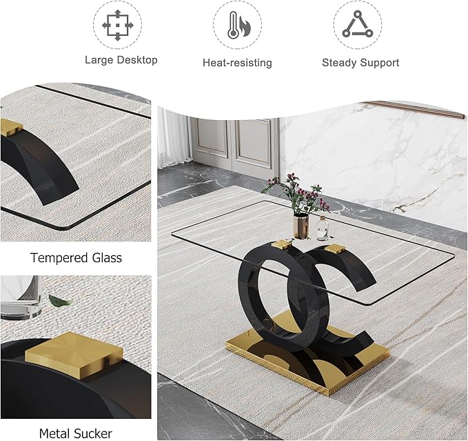Ebullient 63" Modern Glass Dining Table for 6, Black OC-Shape Pedestal & Gold Base, Rectangular Tempered Glass Kitchen Table for Dining Room