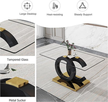 Ebullient 63" Modern Glass Dining Table for 6, Black OC-Shape Pedestal & Gold Base, Rectangular Tempered Glass Kitchen Table for Dining Room