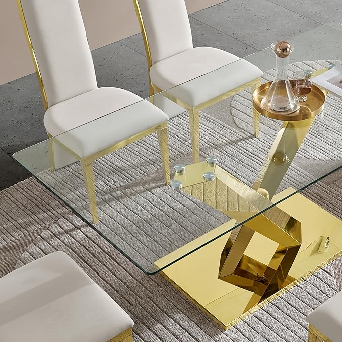 70" Rectangle Glass Dining Table for 6, Modern Luxury Kitchen Table with Clear Tempered Glass Top & X-Shape Gold Stainless Steel Mirrored Base