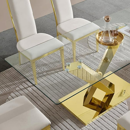 70" Rectangle Glass Dining Table for 6, Modern Luxury Kitchen Table with Clear Tempered Glass Top & X-Shape Gold Stainless Steel Mirrored Base