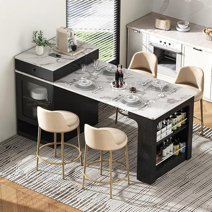 Polibi 59.5" Kitchen Island with Extendable Dining Table, 2 Drawers, Power Outlet (USB/C), Double-Sided Storage & Side Open Shelves,Kitchen Storage Table for Dining Room,Black