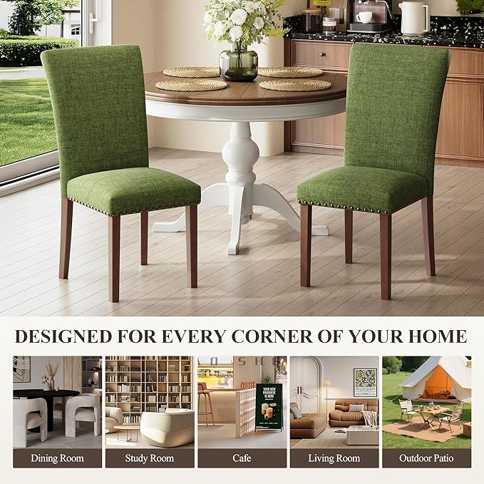 COLAMY Upholstered Parsons Dining Chairs Set of 6, Fabric Dining Room Kitchen Side Chair with Nailhead Trim and Wood Legs - Green