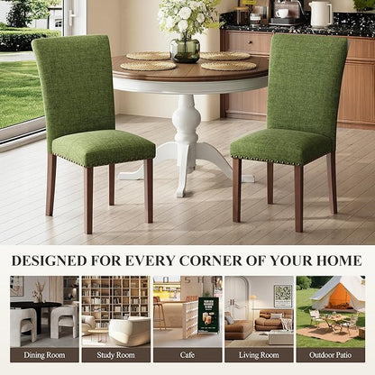 COLAMY Upholstered Parsons Dining Chairs Set of 2, Fabric Dining Room Kitchen Side Chair with Nailhead Trim and Wood Legs - Green