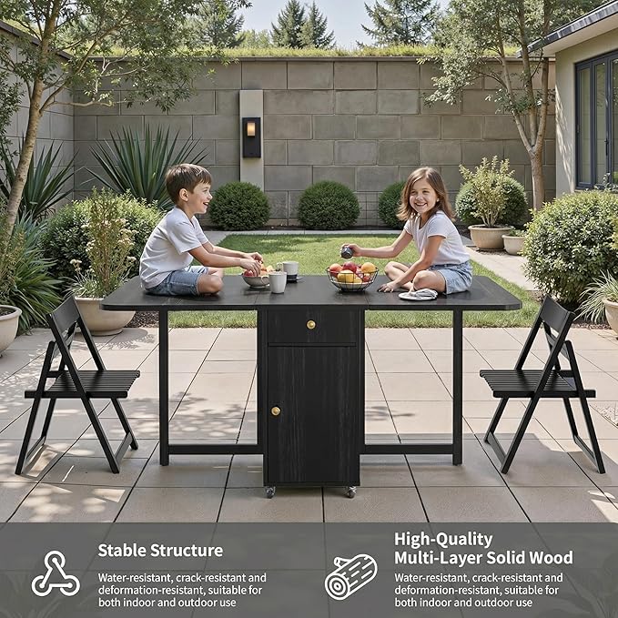 Folding Dining Table and Chairs - 51" Fully Assembled Drop Leaf Table 4-6 Seater with Storage and Lockable Wheels, Space-Saving Set with 6 Chairs for Kitchen or Dining Room (Black)