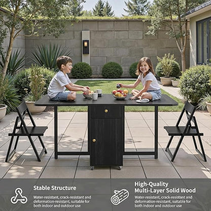 Folding Dining Table and Chairs - 51" Fully Assembled Drop Leaf Table 4-6 Seater with Storage and Lockable Wheels, Space-Saving Set with 4 Chairs for Kitchen or Dining Room (Black)