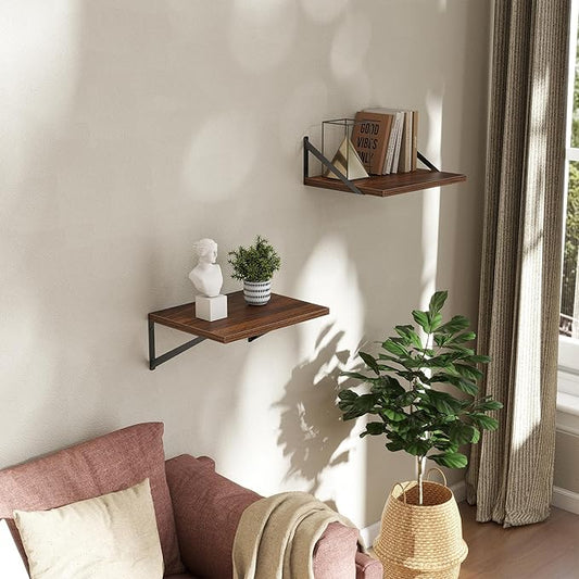 Acovy Deep Floating Shelves Wall Mounted, 16"x12" Walnut Wall Shelves with Brackets Set of 2 for Bedroom, Living Room, Bathroom, Kitchen, Office - Storage & Display Shelf for Decor, Books, Plants