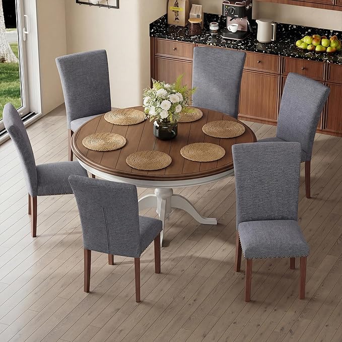 COLAMY Upholstered Parsons Dining Chairs Set of 6, Fabric Dining Room Kitchen Side Chair with Nailhead Trim and Wood Legs - Dark Grey