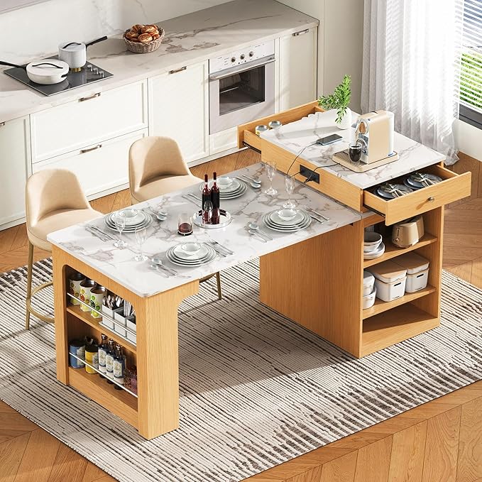 59.5" Kitchen Island with Extendable Dining Table,Double-Sized Storage,2 Drawers, Power Outlet, Side Open Shelves,for Kitchen Dining Room (Natural#2)
