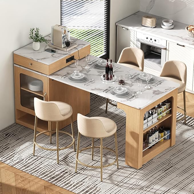 Modern Dining Table Kitchen Island with Extendable Table, Double-Sided, 2 Drawers, Power Outlet, Side Open Shelves, Wood Counter, Console,Natural-MDF