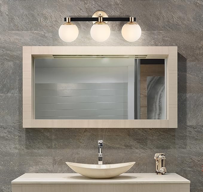 JONATHAN Y 24" Brass Gold/Black Modern Globe LED Vanity Wall Sconce Light, White Frosted Glass Shade, Mid-Century Art Deco Wall Lamp for Bathroom, Kitchen, Hallway (JYL3542A)