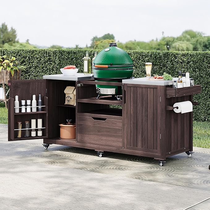 YOPTO Versatile 66.5" Outdoor Grill Cart for Big Green Egg,100% Fir Wood,Stainless Steel Top,Ample Storage,Weatherproof,6 Lockable Wheels,Dark Brown