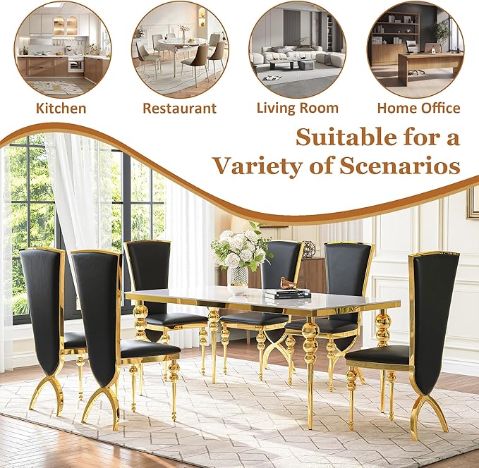 Glass Dining Table Set for 6, Luxurious 70 Inch Rectangular Glass Kitchen Table with 6 Black High Back Leather Chairs, for Dining Room, Restaurant, Living Room (White Top)