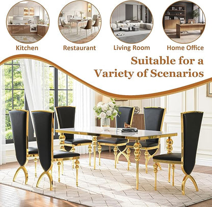 Glass Dining Table Set for 6, Luxurious 70 Inch Rectangular Glass Kitchen Table with 6 Black High Back Leather Chairs, for Dining Room, Restaurant, Living Room (White Top)