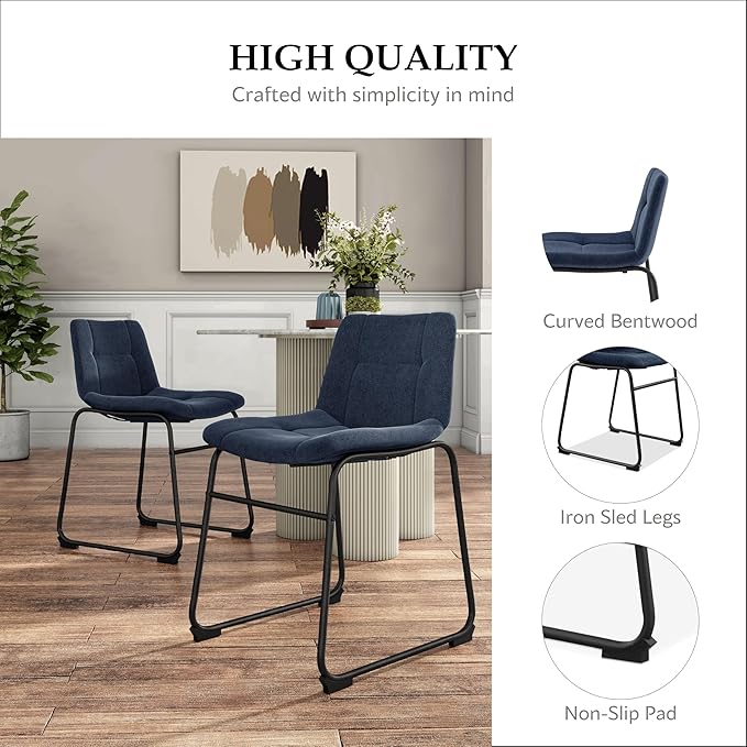 Furniture of America Veradis Modern Bentwood Dining Chairs Set of 2, Chenille Fabric Stool with Back and Metal Frame, Comfortable Upholstered Seating for Kitchen, Living Room, Blue, 30 inch