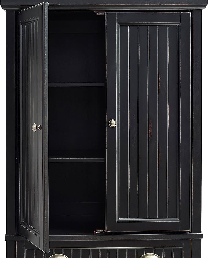 Crosley Furniture Seaside Coastal Pantry Storage Cabinet with Shelves, Kitchen, Dining, or Laundry Room, Distressed Black