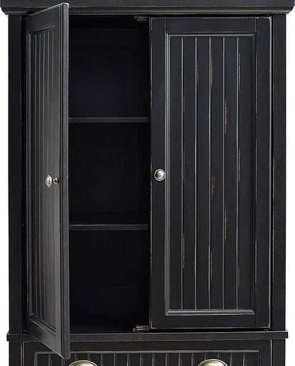 Crosley Furniture Seaside Coastal Pantry Storage Cabinet with Shelves, Kitchen, Dining, or Laundry Room, Distressed Black