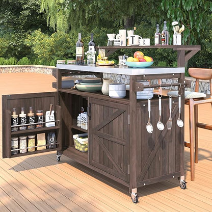 YOPTO 53.3" Outdoor Kitchen Island with Raised Shelf,Solid Wood Grill Cart,Stainless Steel Top,Adjustable Shelf,Spice Rack,Lockable Wheels,Brown