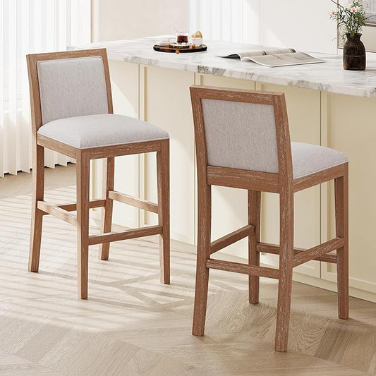 30.5 Inch Height Bar Stools Set of 2, Rubber Wood e,Fabric Sponge Cushion and Upholstered, Retro Bar Chairs Suitable for Kitchen Island,Bedroom,Dining Room.
