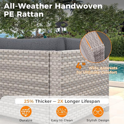 8-Seat Outdoor Wicker Patio Furniture Set with Fire Pit Table, Modular Rattan Sectional Sofa & 2 Swivel Rocking Chairs, 4" Thick Cushions, Rust-Resistant Frame,Black