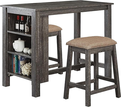 GTU Furniture 3-Piece Grey/Black Counter High Bar Set Includes Storage Table and Two Backless Barstools with Frbaic Seat