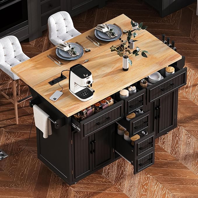 Kitchen Island with Drop Leaf,Power Outlet, Embossed Vertical Stripe Rolling on Wheels with 4 Doors,5 Deep Drawers and Adjustable Shelves,Dining Room (Black@94)