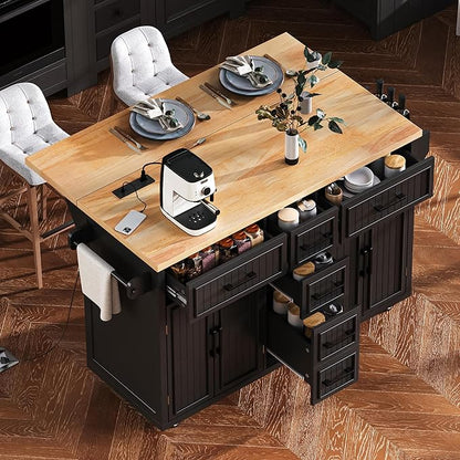 Kitchen Island with Drop Leaf,Power Outlet, Embossed Vertical Stripe Rolling on Wheels with 4 Doors,5 Deep Drawers and Adjustable Shelves,Dining Room (Black@94)
