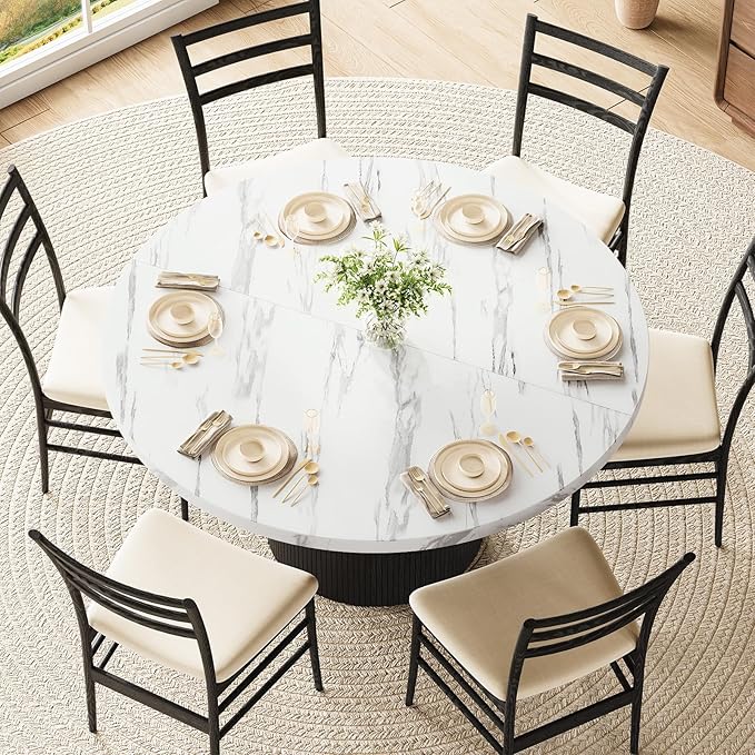 Round Kitchen Dining Table for 4-6 People, 47 inch Mid-Century Circle Dinner Tables, Rustic Wood Base in Fluted Design, Space Saving Dining Room Furniture, Large Table Only for Family Party, Marble