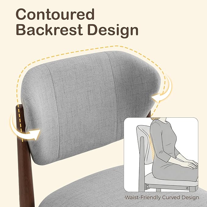 Casaphoria Dining Chairs Set of 2, Solid Walnut Wood Legs Upholstered Kitchen Chairs, Mid Century Modern Ergonomic Curved Back Accent Chair for Dining Room, Home Office and Vanity, Gray