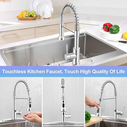 Herogo Touchless Kitchen Faucets with Soap Dispenser, Motion Sensor Activated Commercial Stainless Steel Sink Faucets with Pull Down Sprayer for Vanity RV, Brushed Nickel