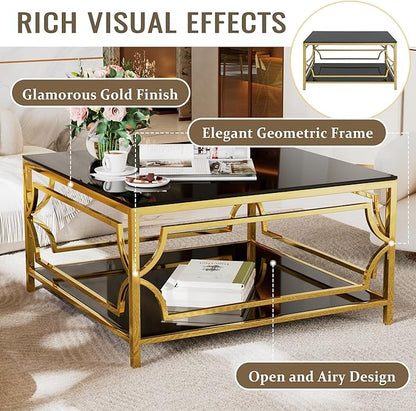 Harper & Bright Designs Square Glass Coffee Table in 33.5",Luxurious Geometric Metal Frame,Gold Finish & Lower Shelf