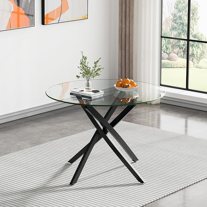 Round Dining Table, 36 Inch Glass Kitchen Table for 4 People, Tempered Glass Dinner Room Table with Silver X Metal Legs, Modern Circle Small Coffee Table for Home Dining Room Kitchen Restaurant