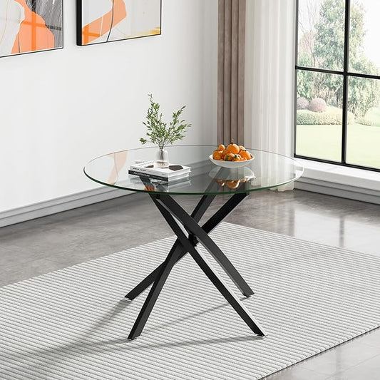 Round Dining Table, 36 Inch Glass Kitchen Table for 4 People, Tempered Glass Dinner Room Table with Silver X Metal Legs, Modern Circle Small Coffee Table for Home Dining Room Kitchen Restaurant
