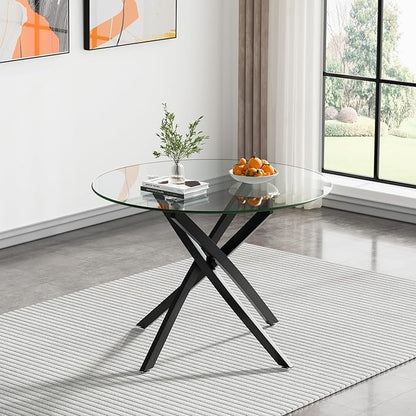 Glass Dining Table,36'' Round Dining Kitchen Table,Modern X-Design Dining Room Table with Black Metal Base for Dining Room