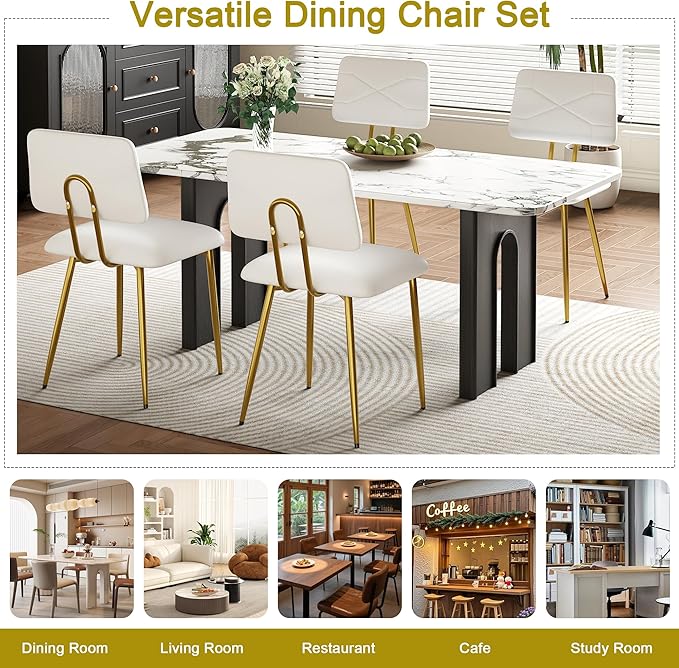 VECELO Dining Chairs Set of 2, Modern Upholstered Kitchen Chairs with Faux Leather Cushion Seat & Metal Legs for Kitchen, Living Room, Tufted Backrest Design, White