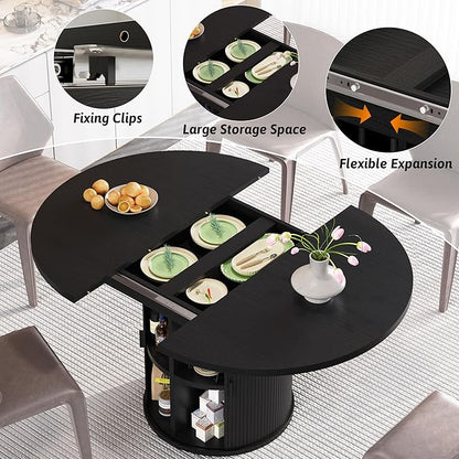 Dining Table for 4-6-8, 43-59" Extendable Round Dining Room Kitchen Table with Storage Shelf, Space Saving Expandable Wood Oval Circle Dinner Table with Pedestal Base for Kitchen Living Room (Black)