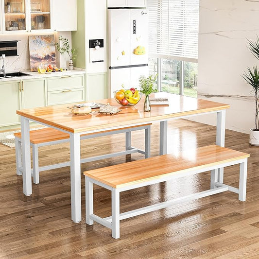Lamerge Dining Room Table Set with 2 Benches, Dining Table Set for 4-6, Kitchen Table Set for Home Kitchen, Dining Room, Restaurant, Space Saving, Rustic, 3 Pieces Dining Furniture Set (04-Beige)