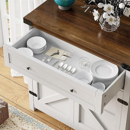 Flamaker Sideboard Buffet Cabinet with Storage, Farmhouse Coffee Bar Cabinet with 1 Drawer and 2 Barn Doors, Barn Door Console Table, Storage Cabinet for Kitchen, Dining Room, Entryway (White)