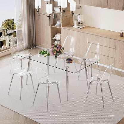 Baysitone Glass Dining Table for 4 with 63 inch Clear Tempered Glass Top, 0.31" Modern Rectangular Glass Kitchen Table Furniture with 4 Black Metal Legs for Home Kitchen Room