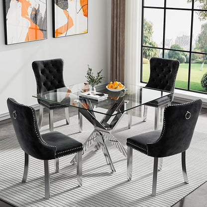 SSLine 35.4" Square Glass Dining Table for 2-4 Modern Clear Glass Tabletop Kitchen Table for 4 Luxury Dinner Tables with Silver Metal Legs for Home Kitchen Dining Room(Table Only)
