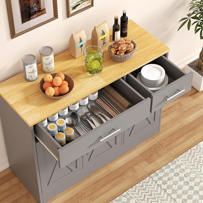 Shintenchi 3 Doors Farmhouse Sideboard Buffet Cabinet, 42" Barn Doors Buffet with Storage, Wood Coffee Bar Cabinet with Adjustable Shelf for Kitchen, Living Room,Grey