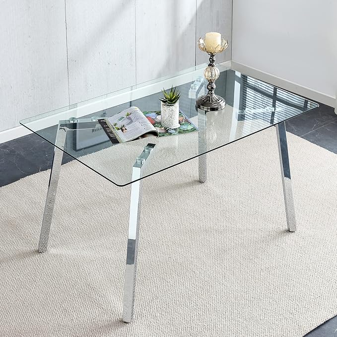 Rectangular Glass Dining Table 51 Inch Modern Rectangular Kitchen Table with Metal Legs Durable Stylish Dinner Table for Dining Room Kitchen