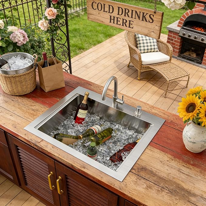 24"x22" Drop In Outdoor Kitchen Sink Workstation – 16 Gauge 304 Stainless Steel Top Mount Bar Prep Sink with Faucet Combo & Dust Lid for BBQ, RV, Camper, Garden, Utility Use